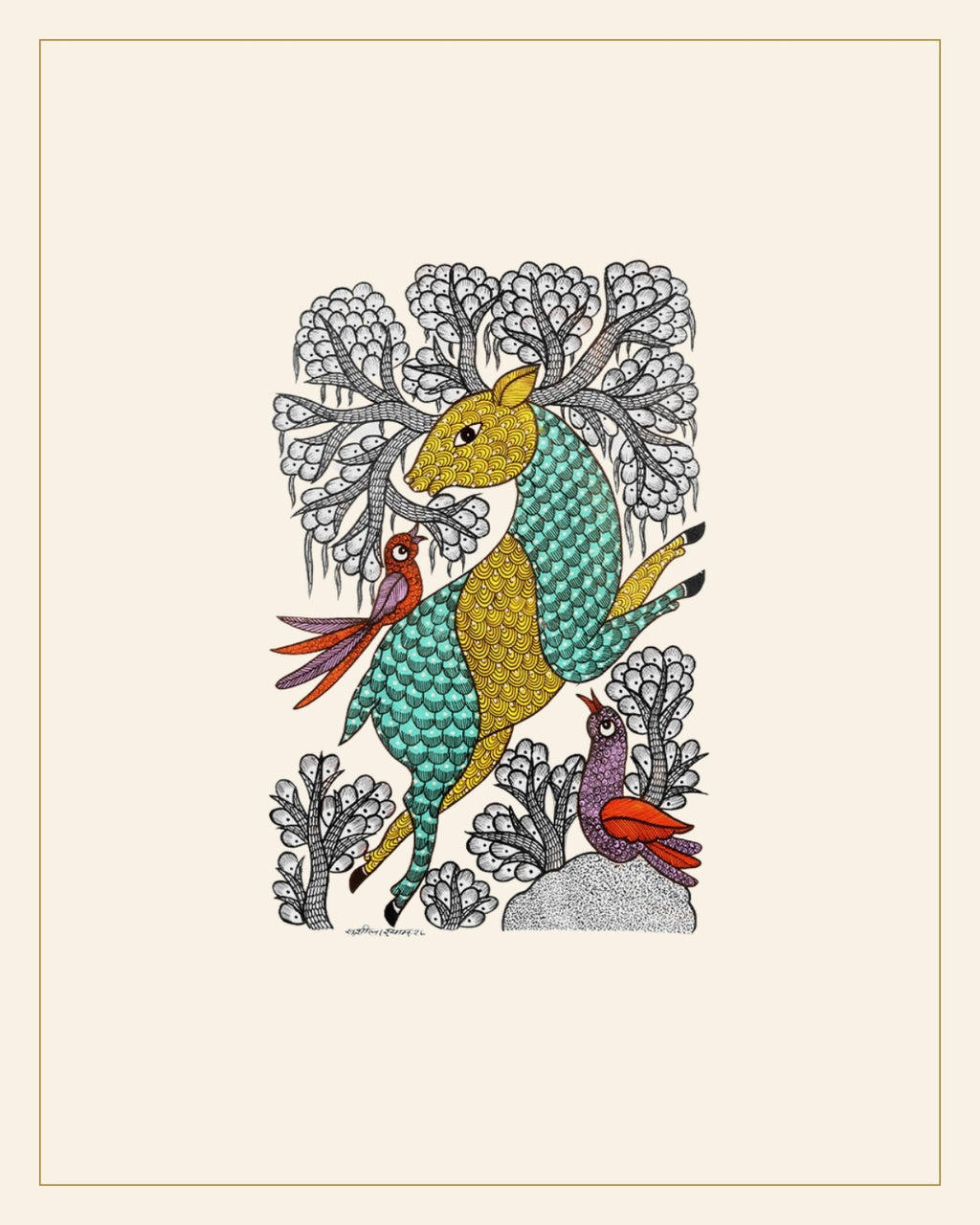 Handcrafted Gond Deer with Birds Painting | Traditional Tribal Folk Art of Madhya Pradesh — Saptadhārā