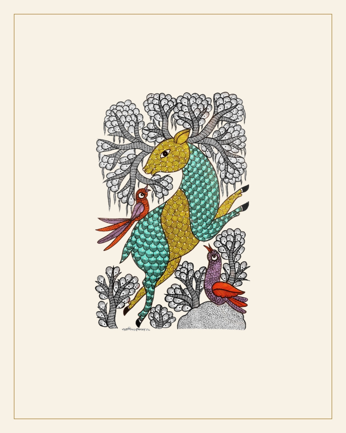 Handcrafted Gond Deer with Birds Painting | Traditional Tribal Folk Art of Madhya Pradesh — Saptadhārā