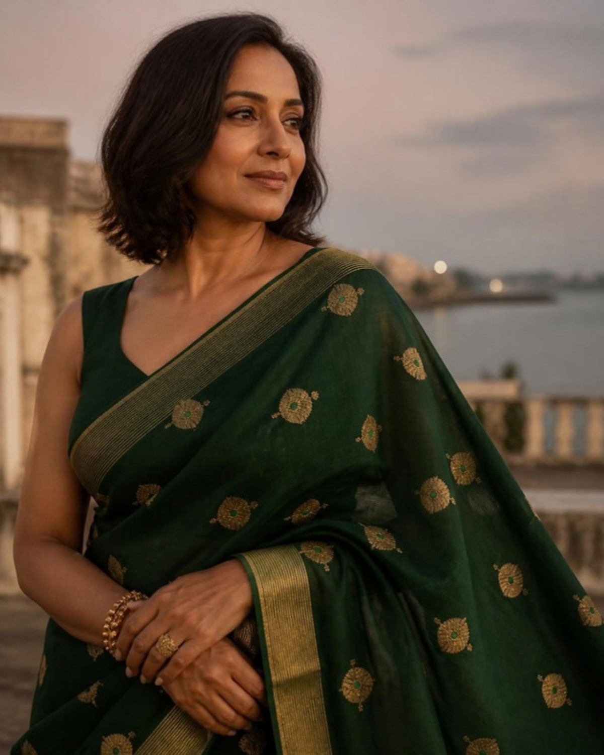 Styled image: Dhani Chanderi Silk & Cotton Saree with Meena Butis, pallu view