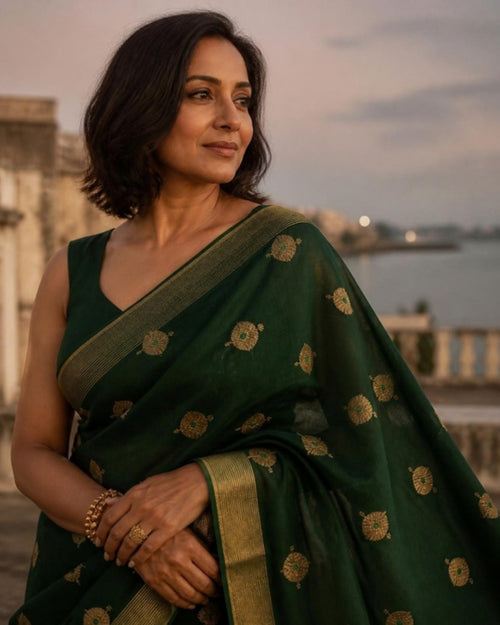Styled image: Dhani Chanderi Silk & Cotton Saree with Meena Butis, pallu view