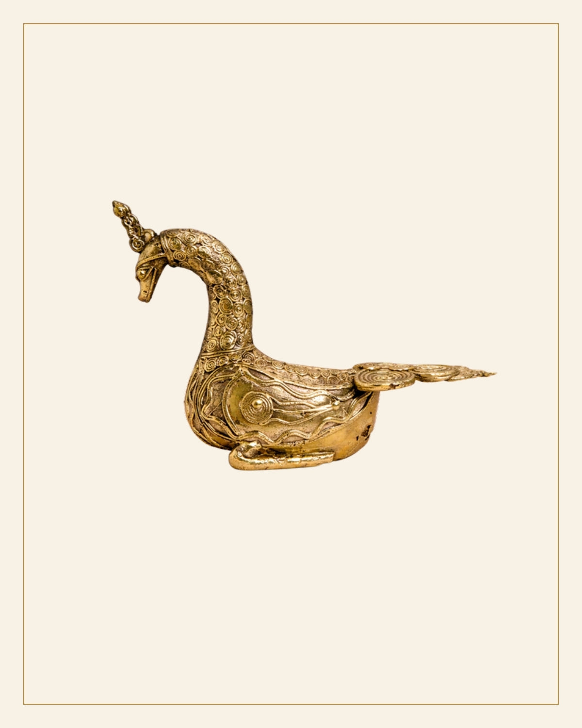 Handcrafted Brass Sitting Peacock Sculpture – Traditional Bhareva Bell Metal Artefact — Saptadhārā