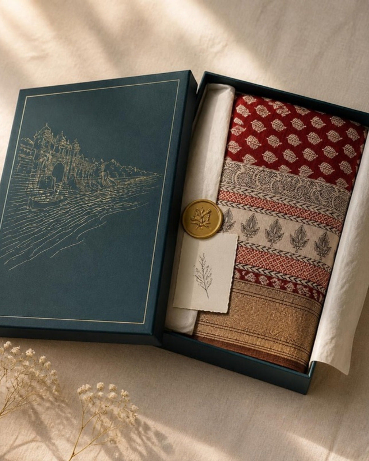 Packed in the Saptadhārā Narmada Edit box: Shyam Bagh Print Silk & Cotton Saree