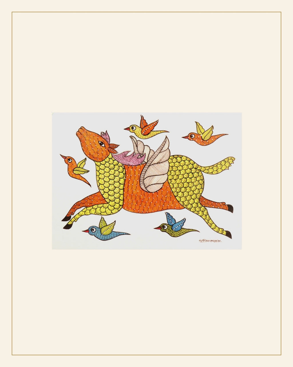 Handcrafted Gond Holy Cow Painting with Birds | Traditional Tribal Folk Art of Madhya Pradesh — Saptadhārā