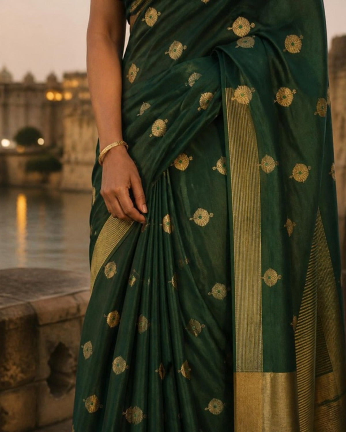 Styled image: Dhani Chanderi Silk & Cotton Saree with Meena Butis, border and pleats