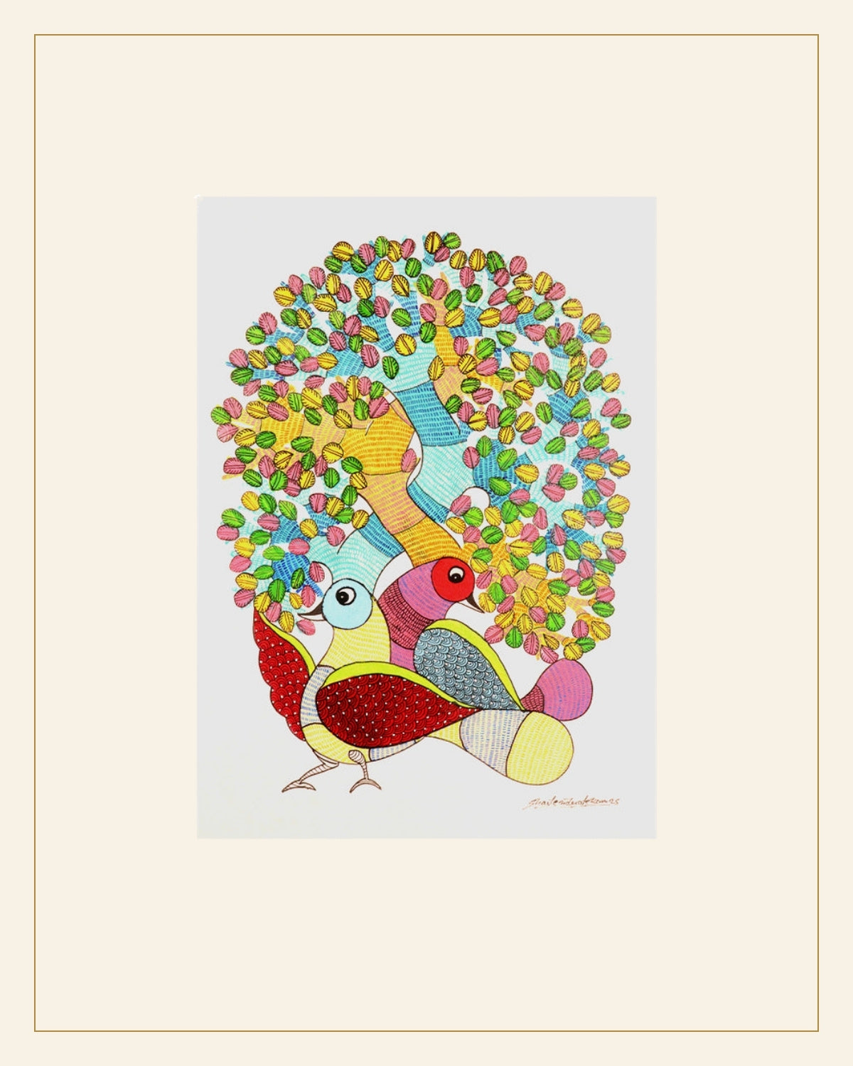 Handcrafted Gond Tree of Life with Birds – Tribal Folk Art Painting — Saptadhārā