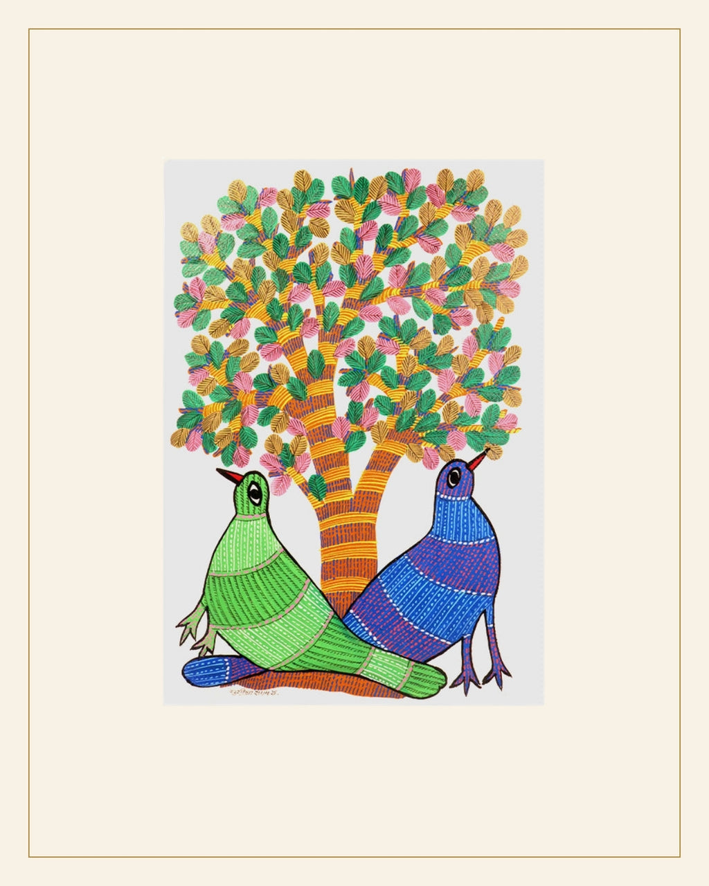 Handcrafted Gond Tree with Birds Painting – Tribal Folk Art — Saptadhārā