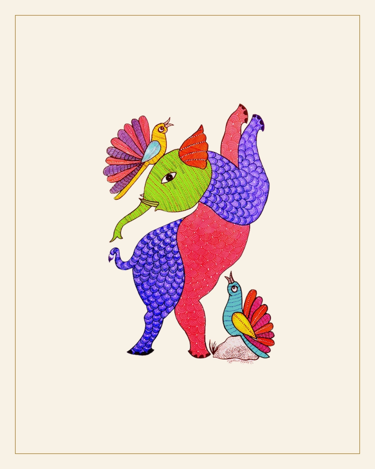 Handcrafted Gond  Elephant with Birds Painting | Traditional Tribal Folk Art of Madhya Pradesh — Saptadhārā
