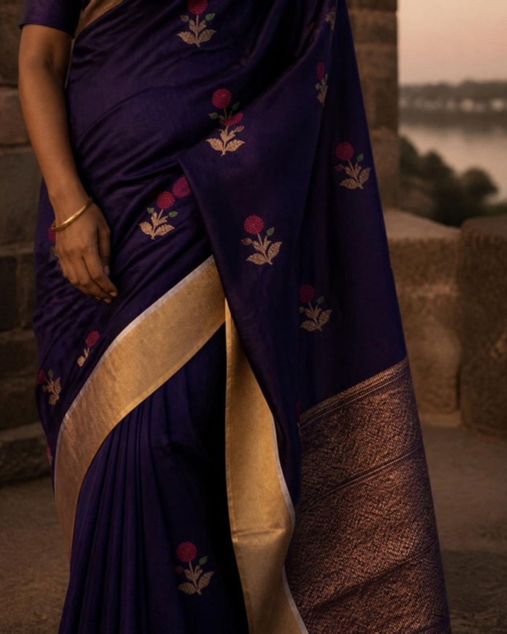 Styled image: Neel Chanderi Silk & Cotton Saree, border and pleats