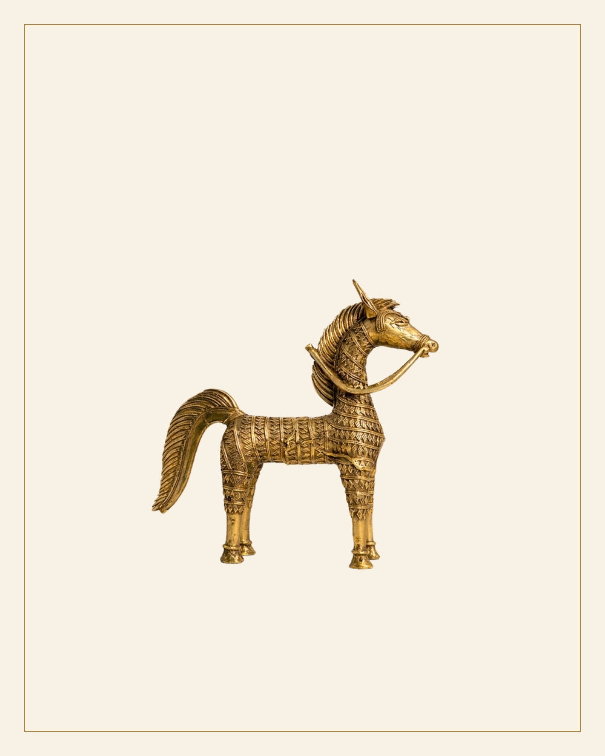 Handcrafted Large Brass Horse Showpiece – Intricate Tribal Bhareva Craft — Saptadhārā
