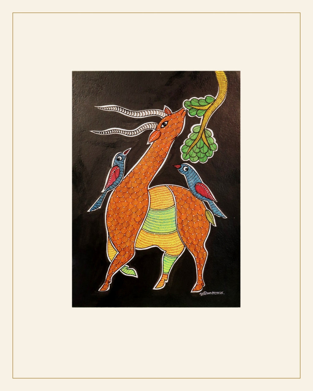 Handcrafted Gond Antelope with Birds Painting | Traditional Tribal Folk Art of Madhya Pradesh — Saptadhārā