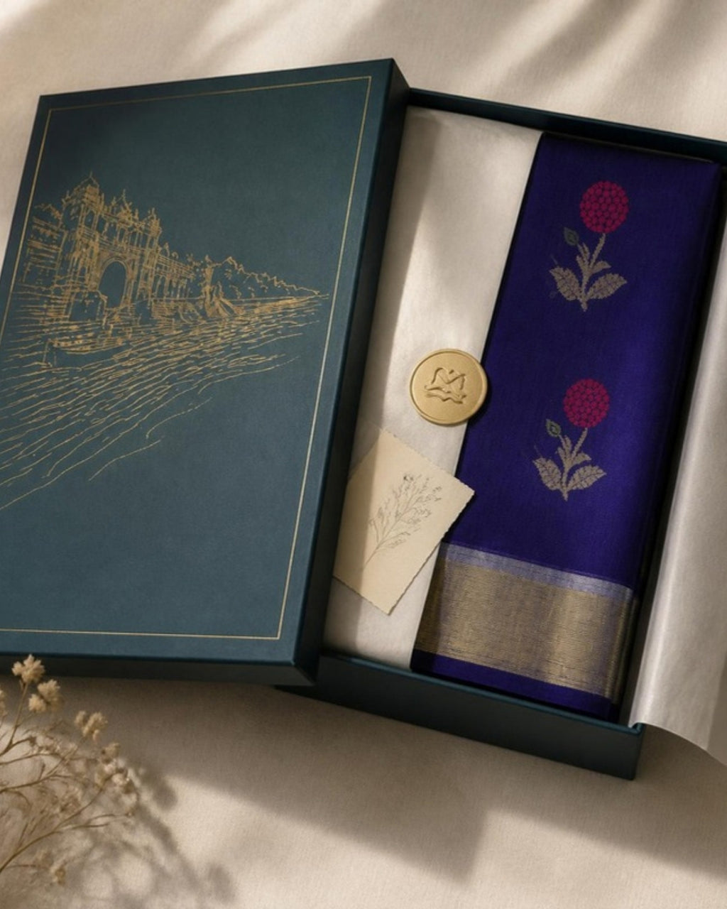 Packed in the Saptadhārā Narmada Edit box: Neel Chanderi Silk & Cotton Saree
