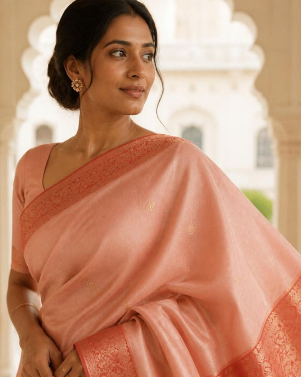 Styled image: Gulabi Chanderi Tissue Saree, pallu view