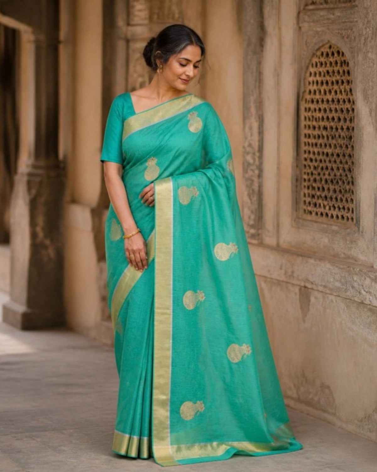 Styled image: model wearing the Dhani Chanderi Silk & Cotton Saree