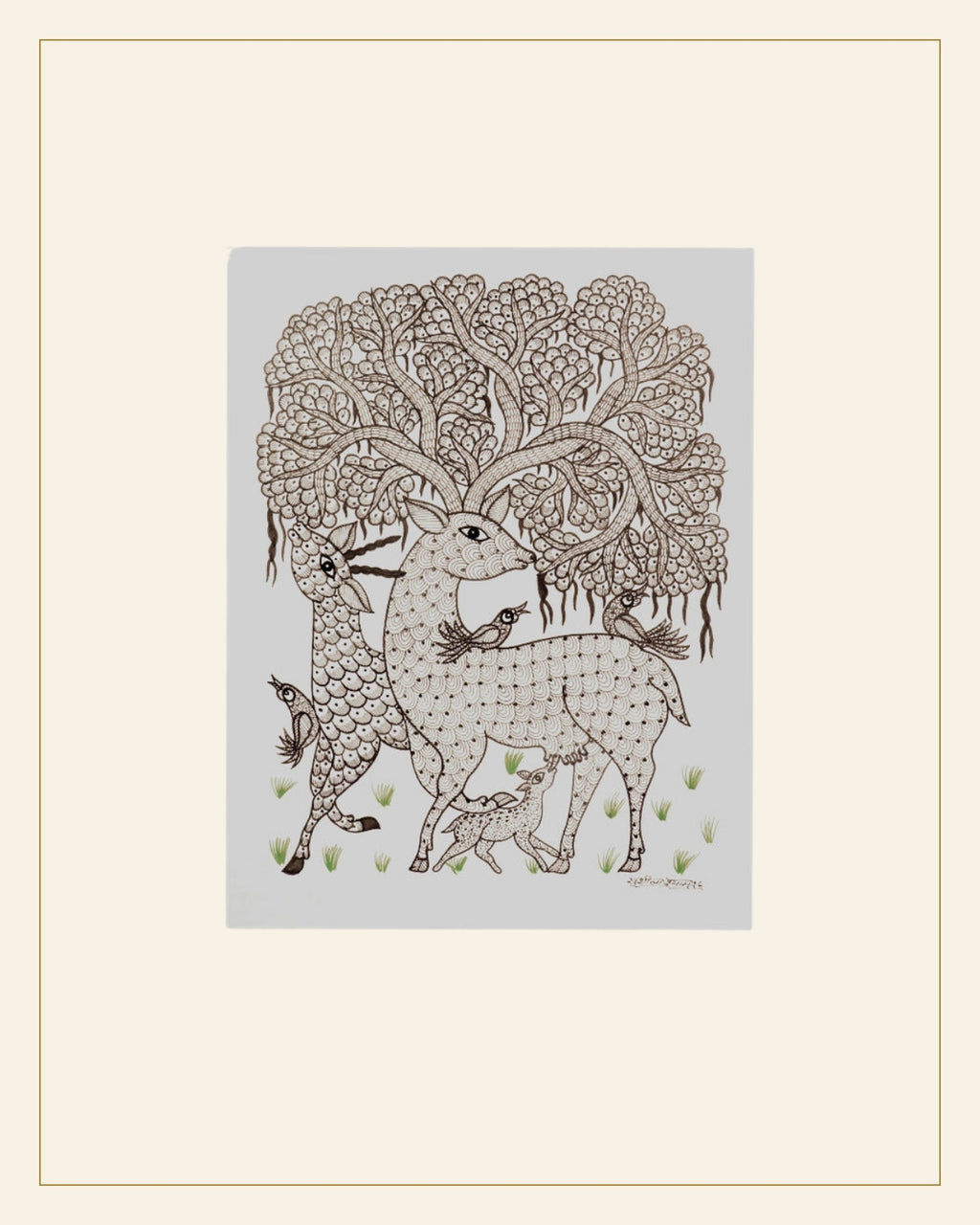 Handcrafted Gond Deer Family with Tree Painting | Traditional Tribal Folk Art of Madhya Pradesh — Saptadhārā