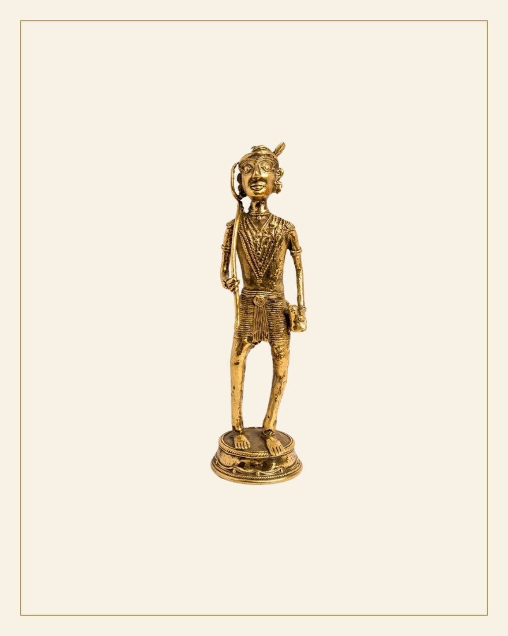 Handcrafted Brass Tribal Warrior Figurine – Traditional Bhareva Bell Metal Sculpture — Saptadhārā