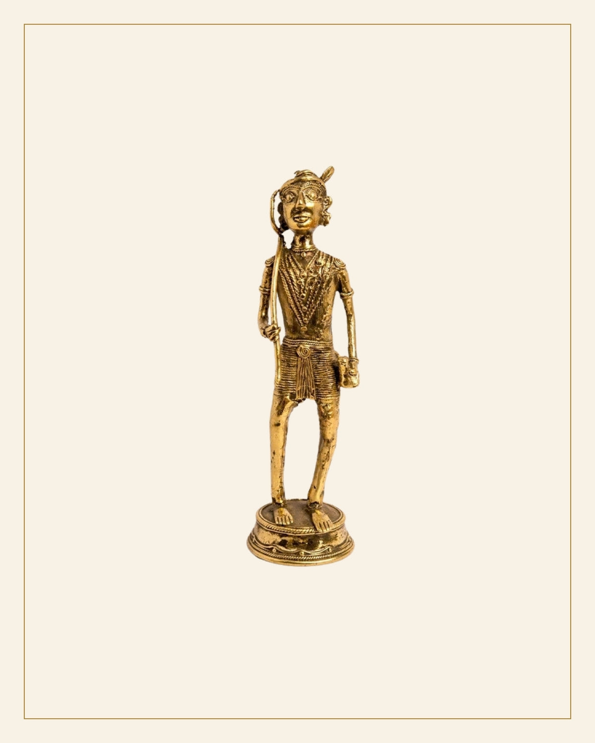 Handcrafted Brass Tribal Warrior Figurine – Traditional Bhareva Bell Metal Sculpture — Saptadhārā