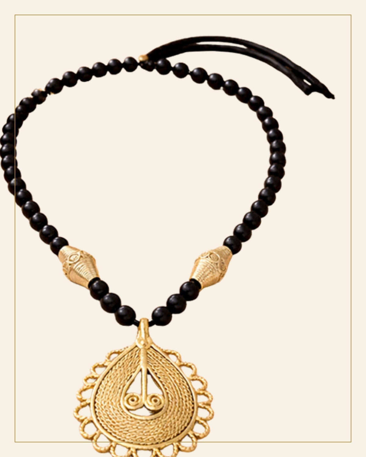 Handcrafted Bell Metal Teardrop Pendant Necklace Set with Black Beads – Antique Finish — Saptadhārā detail
