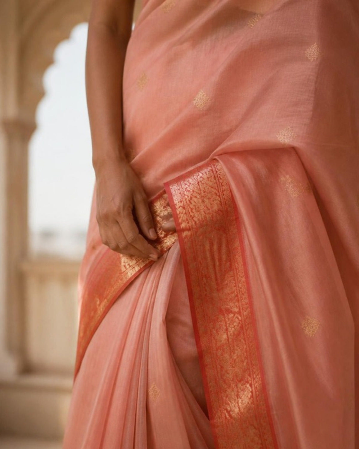 Styled image: Gulabi Chanderi Tissue Saree, border and pleats