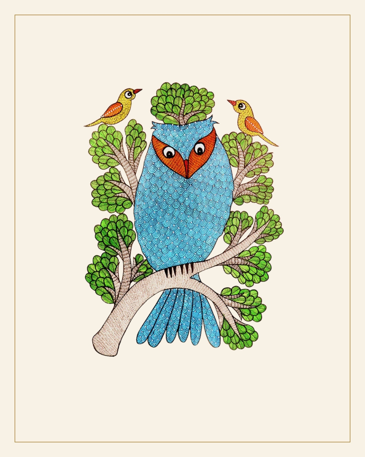 Handcrafted Gond Sea Blue Owl Painting with Birds & Tree | Traditional Tribal Folk Art of Madhya Pradesh — Saptadhārā