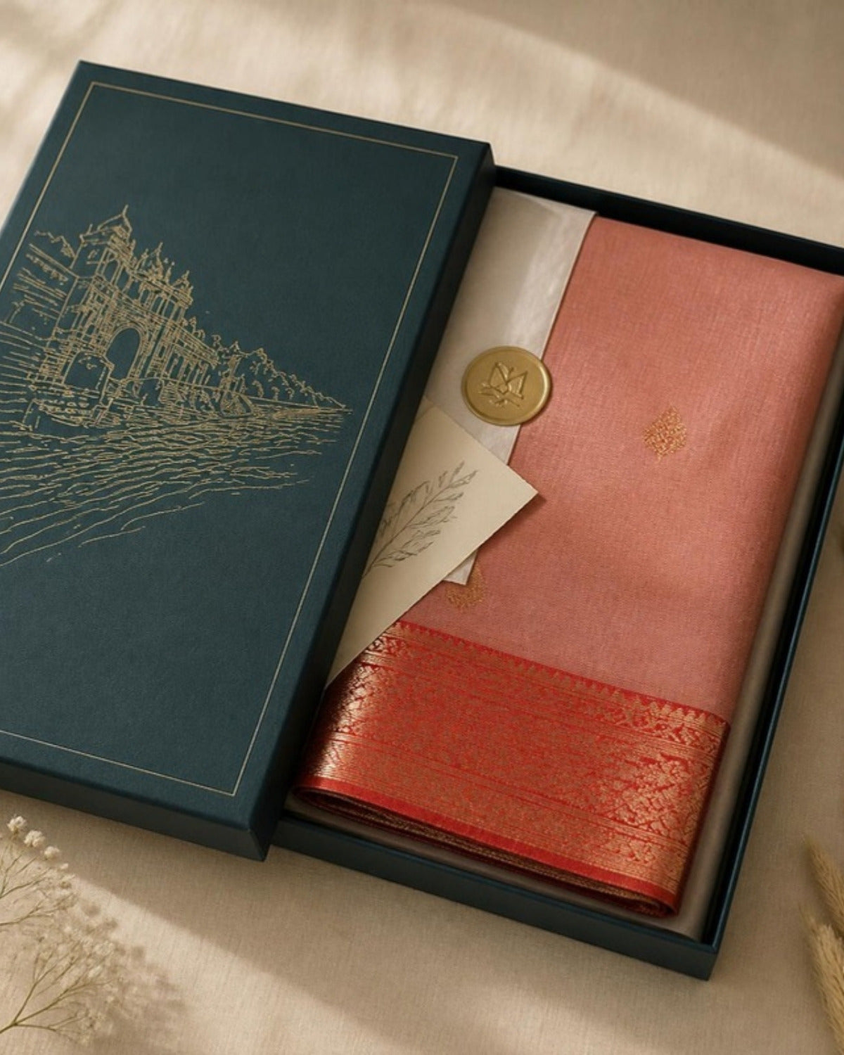 Packed in the Saptadhārā Narmada Edit box: Gulabi Chanderi Tissue Saree