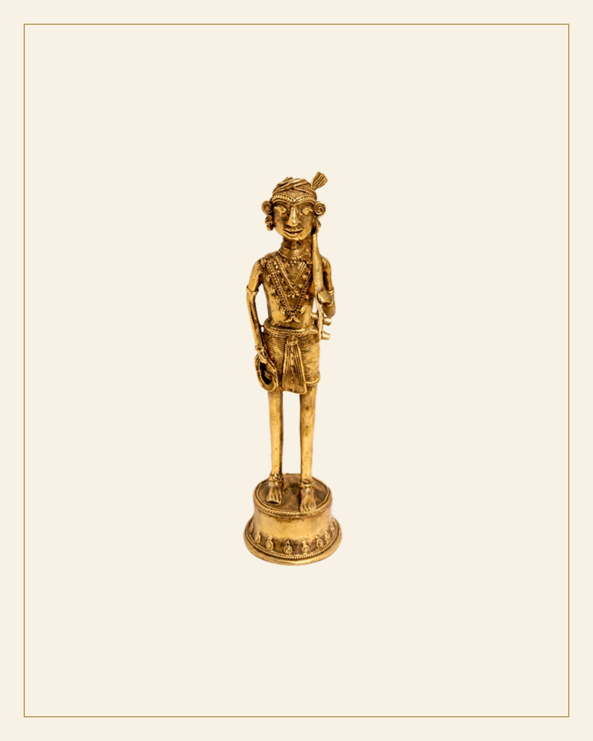 Handcrafted Brass Tribal Warrior Figurine – Traditional Bhareva Bell Metal Sculpture — Saptadhārā