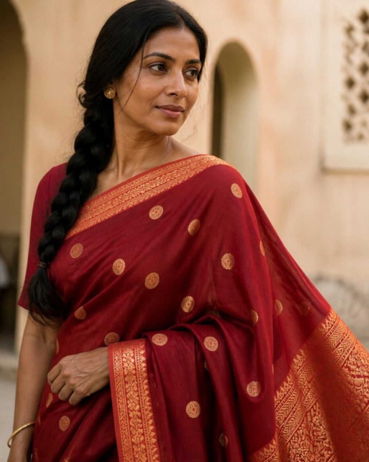 Styled image: Sindoori Chanderi Silk & Cotton Saree, pallu view