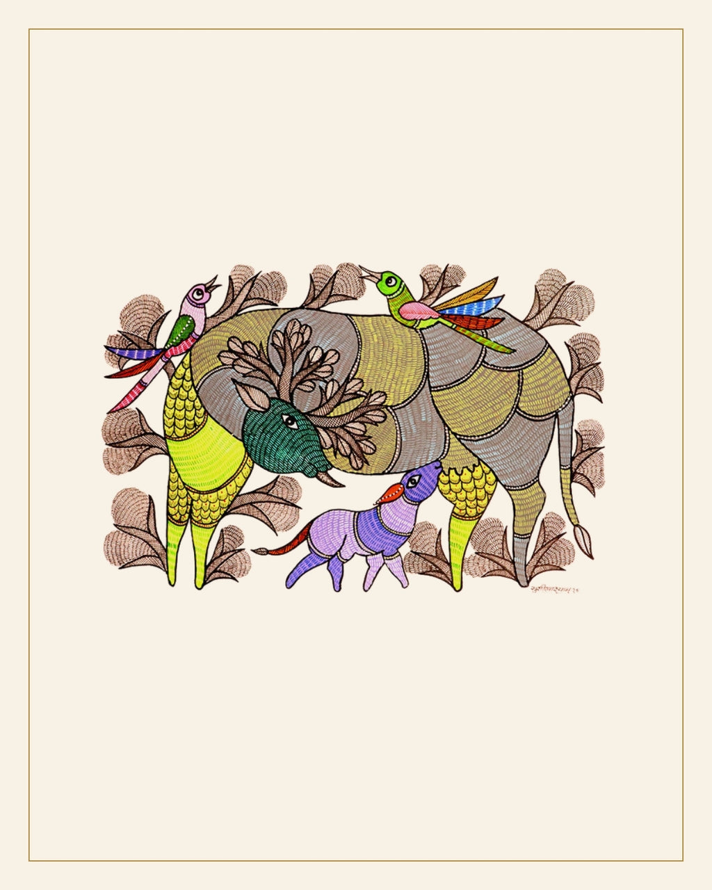 Handcrafted Gond Deer Family Painting | Traditional Tribal Art — Saptadhārā