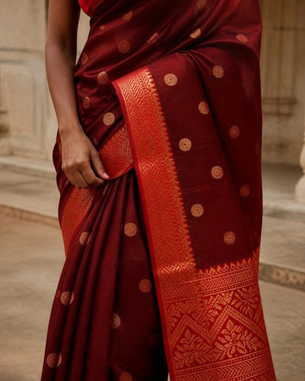 Styled image: Sindoori Chanderi Silk & Cotton Saree, border and pleats