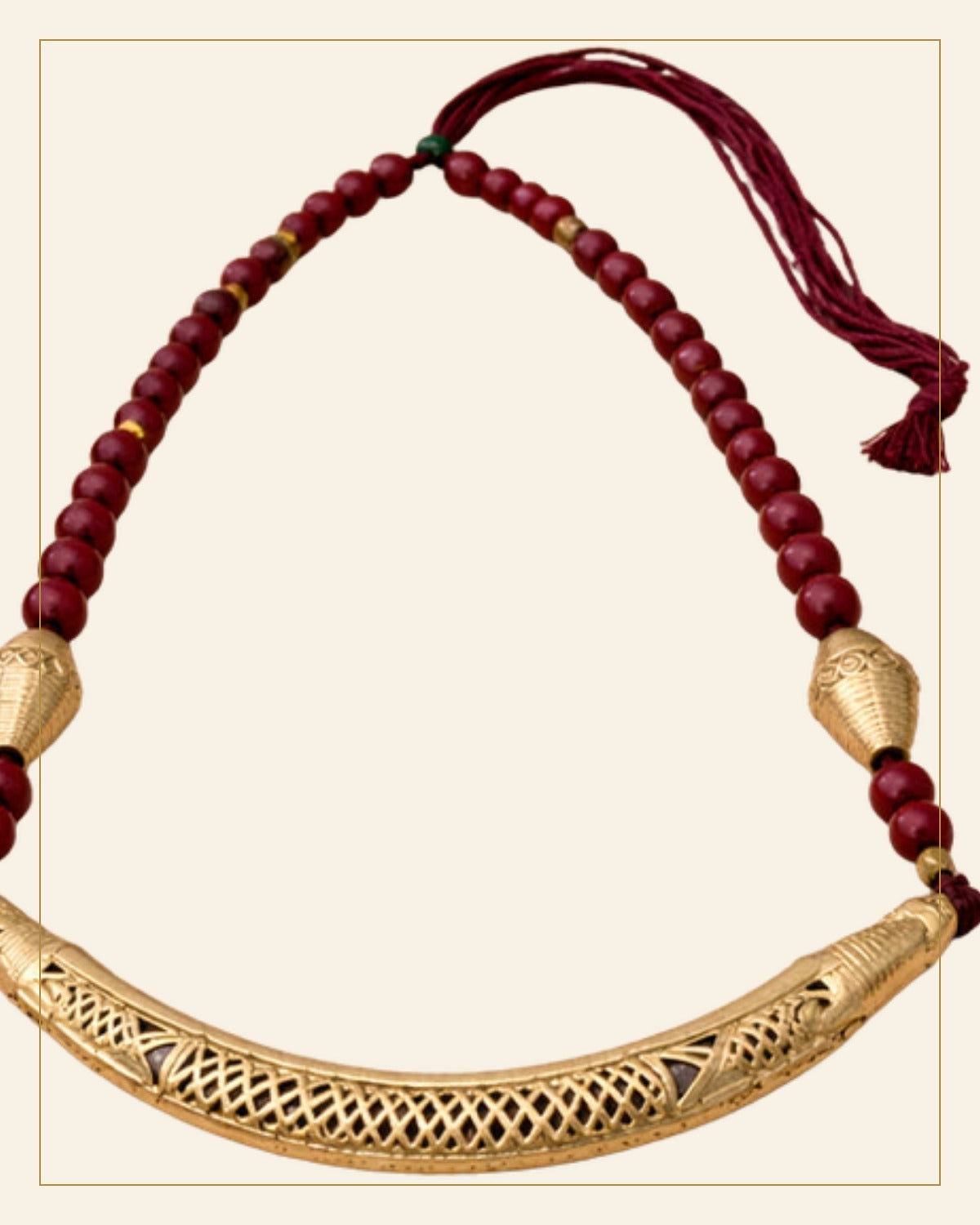 Handcrafted Bell Metal Crescent Bar Necklace Set with Red Beads – Antique Finish — Saptadhārā detail