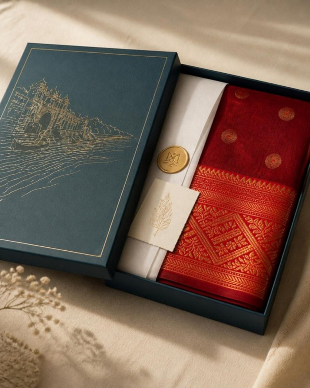 Packed in the Saptadhārā Narmada Edit box: Sindoori Chanderi Silk & Cotton Saree