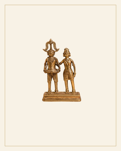 Handcrafted Brass Ceremonial Tribal Couple showpiece – Traditional Bhareva Bell Metal Figurine — Saptadhārā
