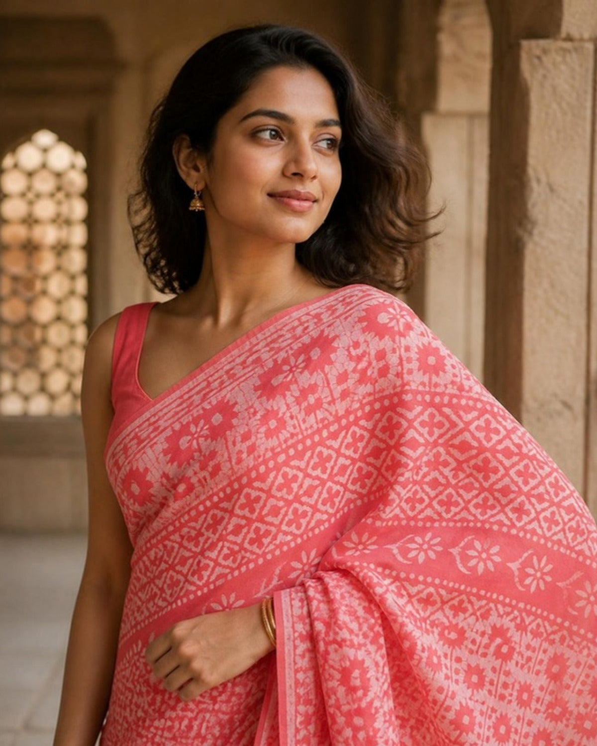 Styled image: Gulabi Batik Cotton Saree, pallu view