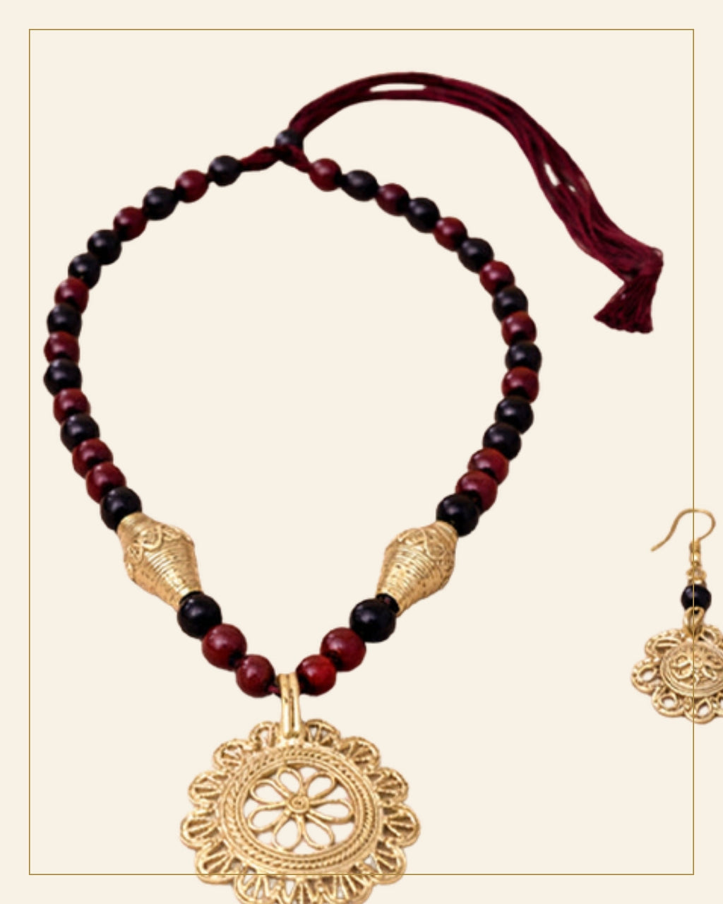 Handcrafted Bell Metal Floral Pendant Necklace Set with Maroon & Black Beads – Antique Finish — Saptadhārā detail