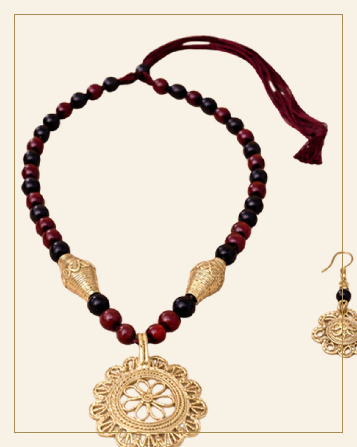Handcrafted Bell Metal Floral Pendant Necklace Set with Maroon & Black Beads – Antique Finish — Saptadhārā detail