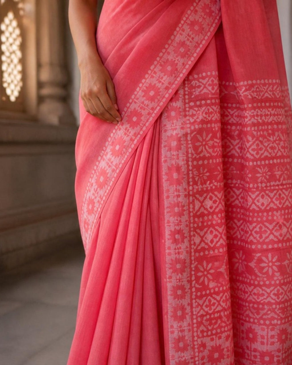 Styled image: Gulabi Batik Cotton Saree, border and pleats