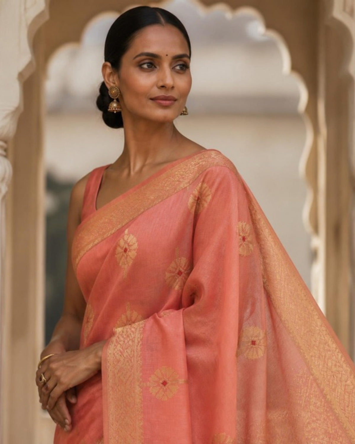 Styled image: Gulabi Chanderi Silk & Cotton Saree, pallu view