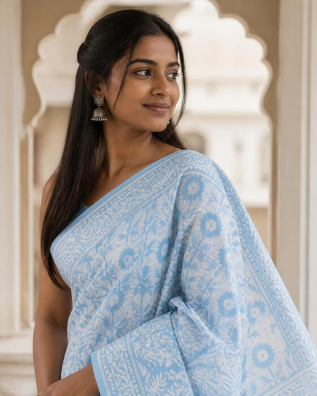 Styled image: Neel Batik Cotton Saree, pallu view