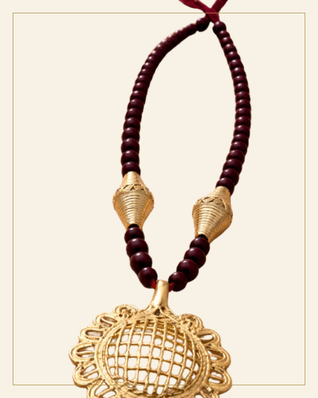 Handcrafted Bell Metal Pendant Necklace Set with Maroon Beads – Antique Finish — Saptadhārā detail