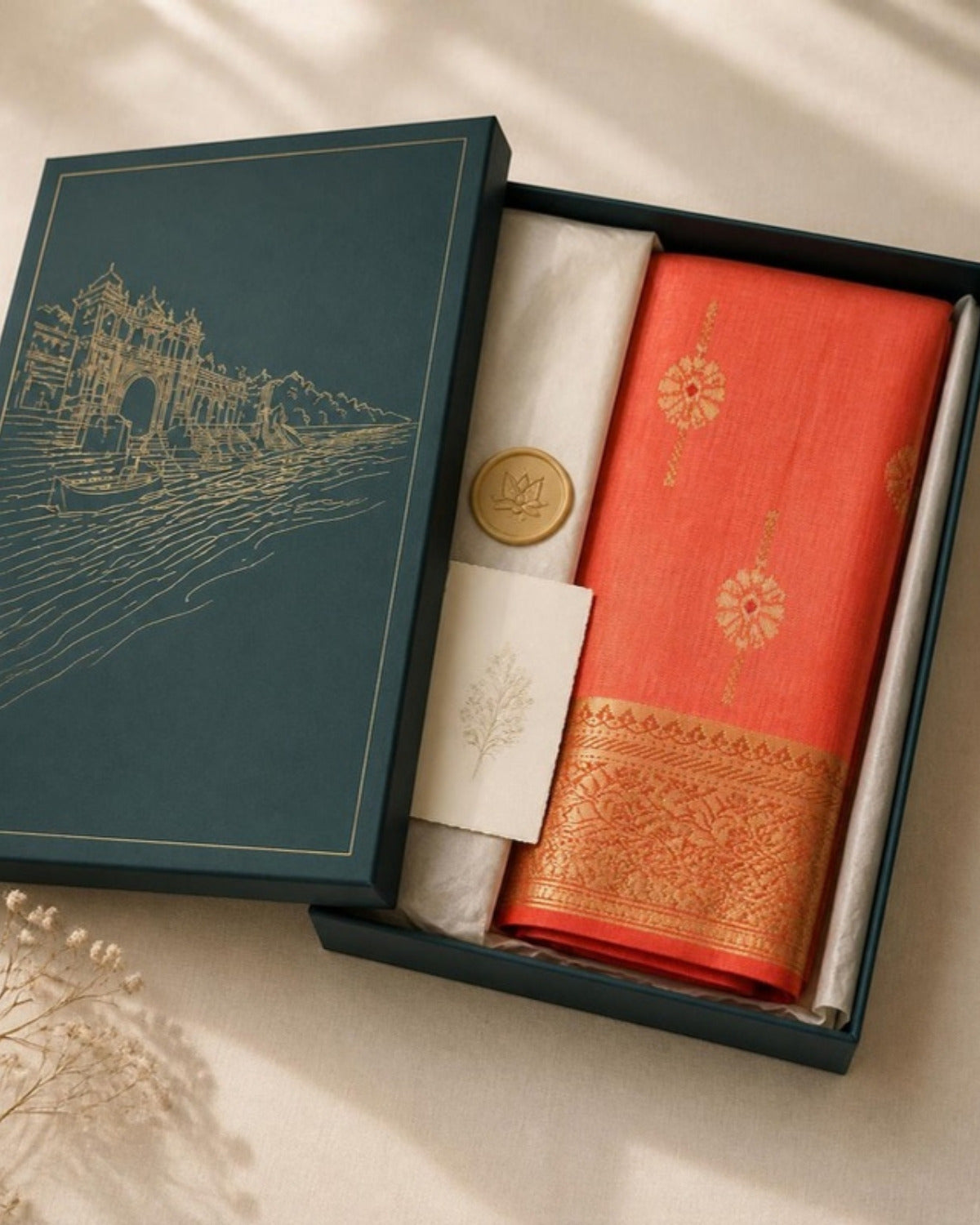 Packed in the Saptadhārā Narmada Edit box: Gulabi Chanderi Silk & Cotton Saree