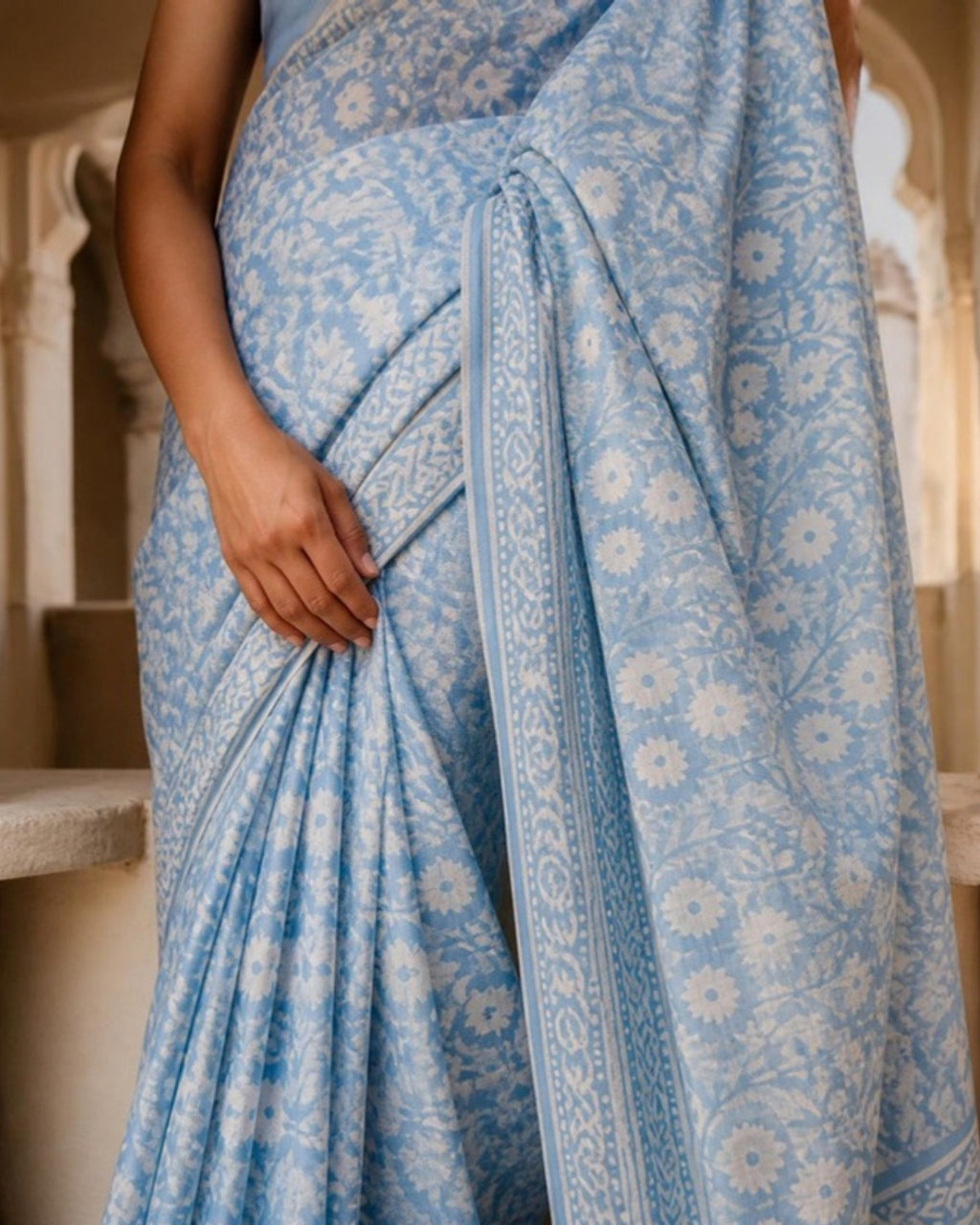 Styled image: Neel Batik Cotton Saree, border and pleats