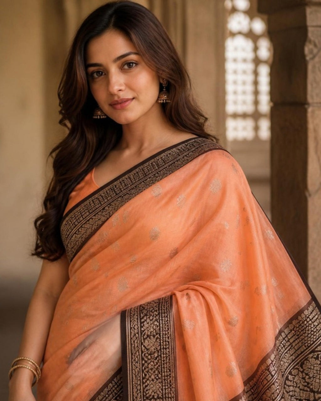 Styled image: Gulabi Chanderi Silk & Cotton Saree, pallu view