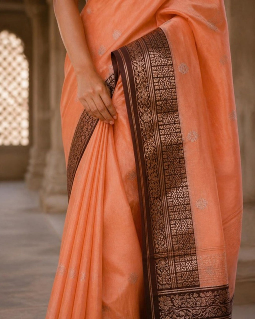 Styled image: Gulabi Chanderi Silk & Cotton Saree, border and pleats