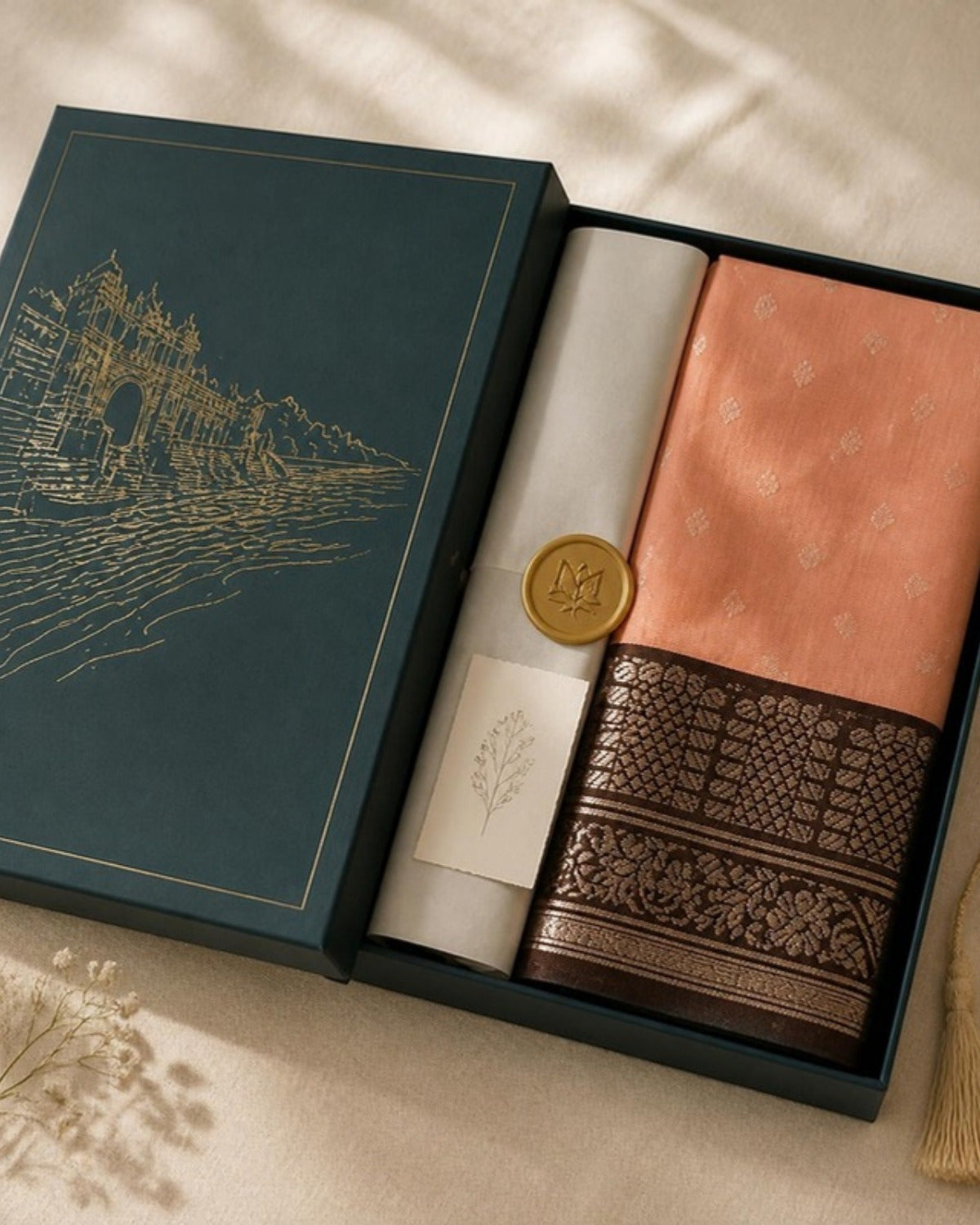 Packed in the Saptadhārā Narmada Edit box: Gulabi Chanderi Silk & Cotton Saree