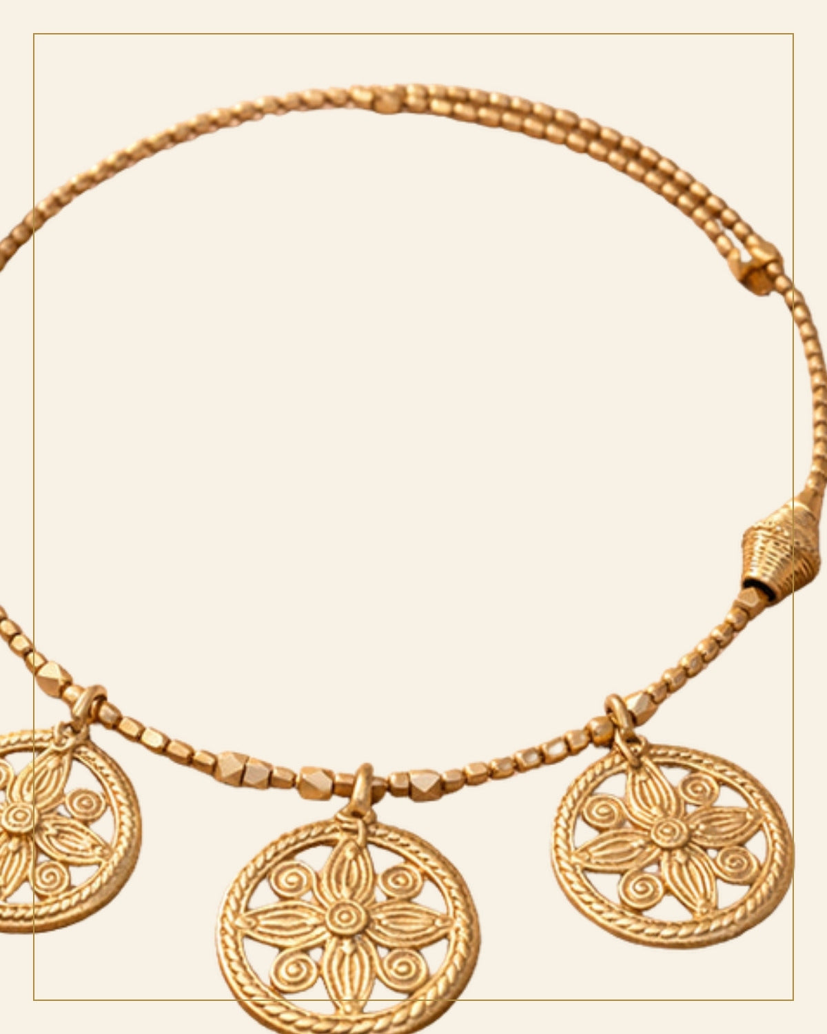Handcrafted Bell Metal Coin Necklace Set – Antique Tribal Design — Saptadhārā detail