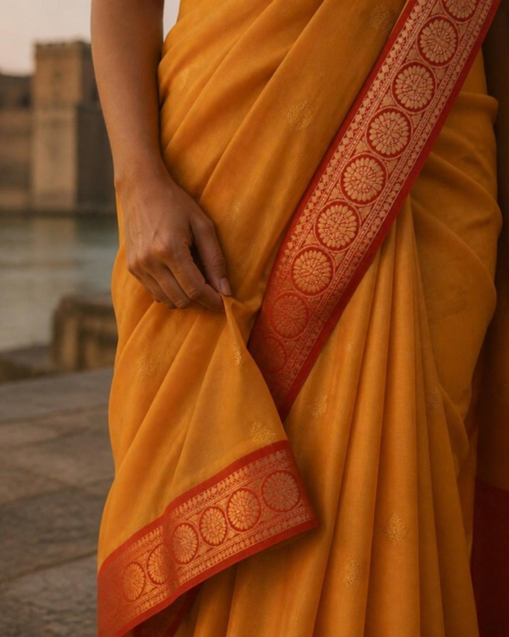 Styled image: Haldi Chanderi Silk & Cotton Saree, border and pleats