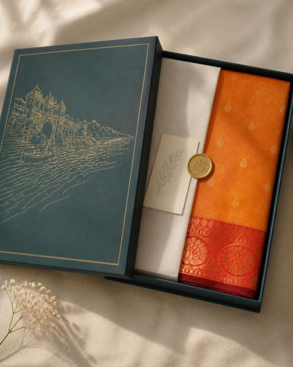 Packed in the Saptadhārā Narmada Edit box: Haldi Chanderi Silk & Cotton Saree