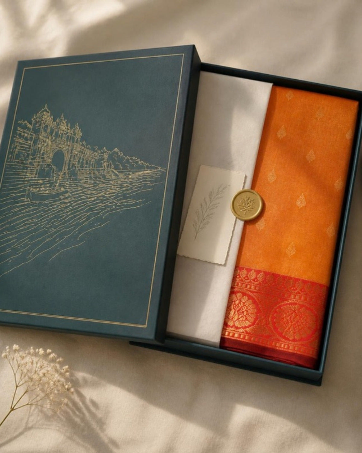 Packed in the Saptadhārā Narmada Edit box: Haldi Chanderi Silk & Cotton Saree