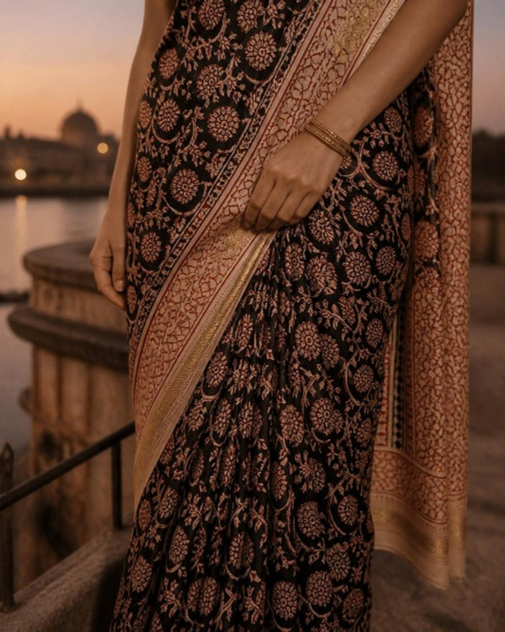 Styled image: Shyam Bagh Print Silk & Cotton Saree, border and pleats