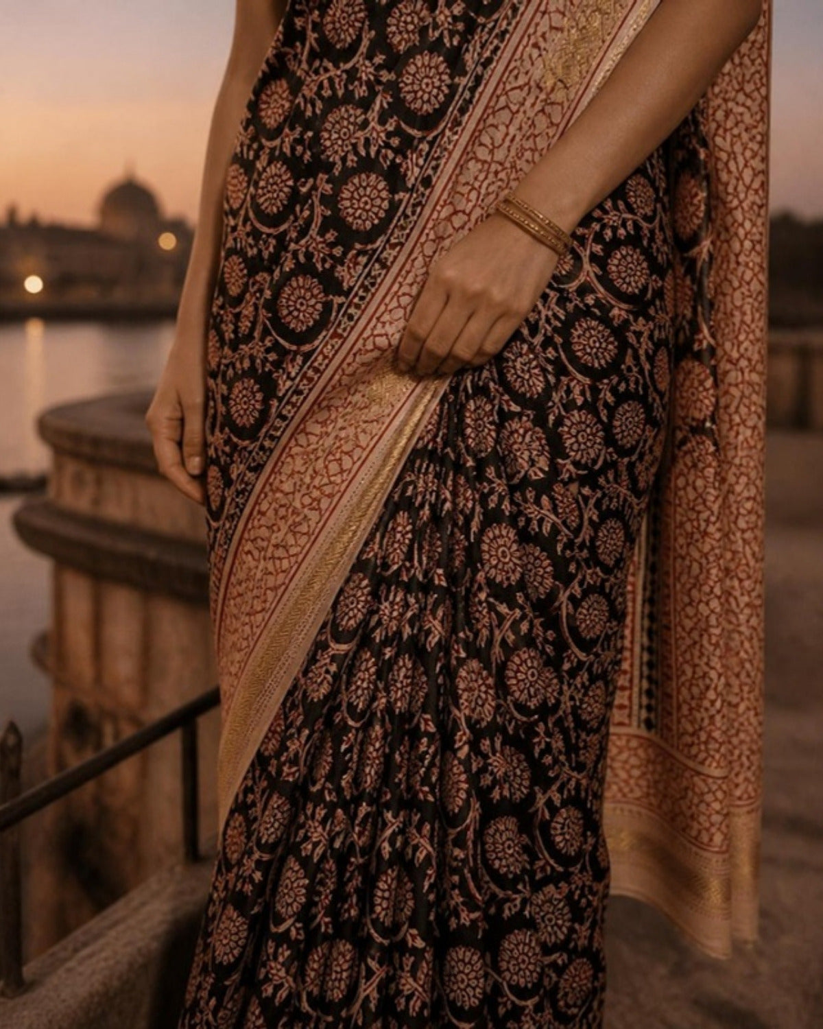Styled image: Shyam Bagh Print Silk & Cotton Saree, border and pleats