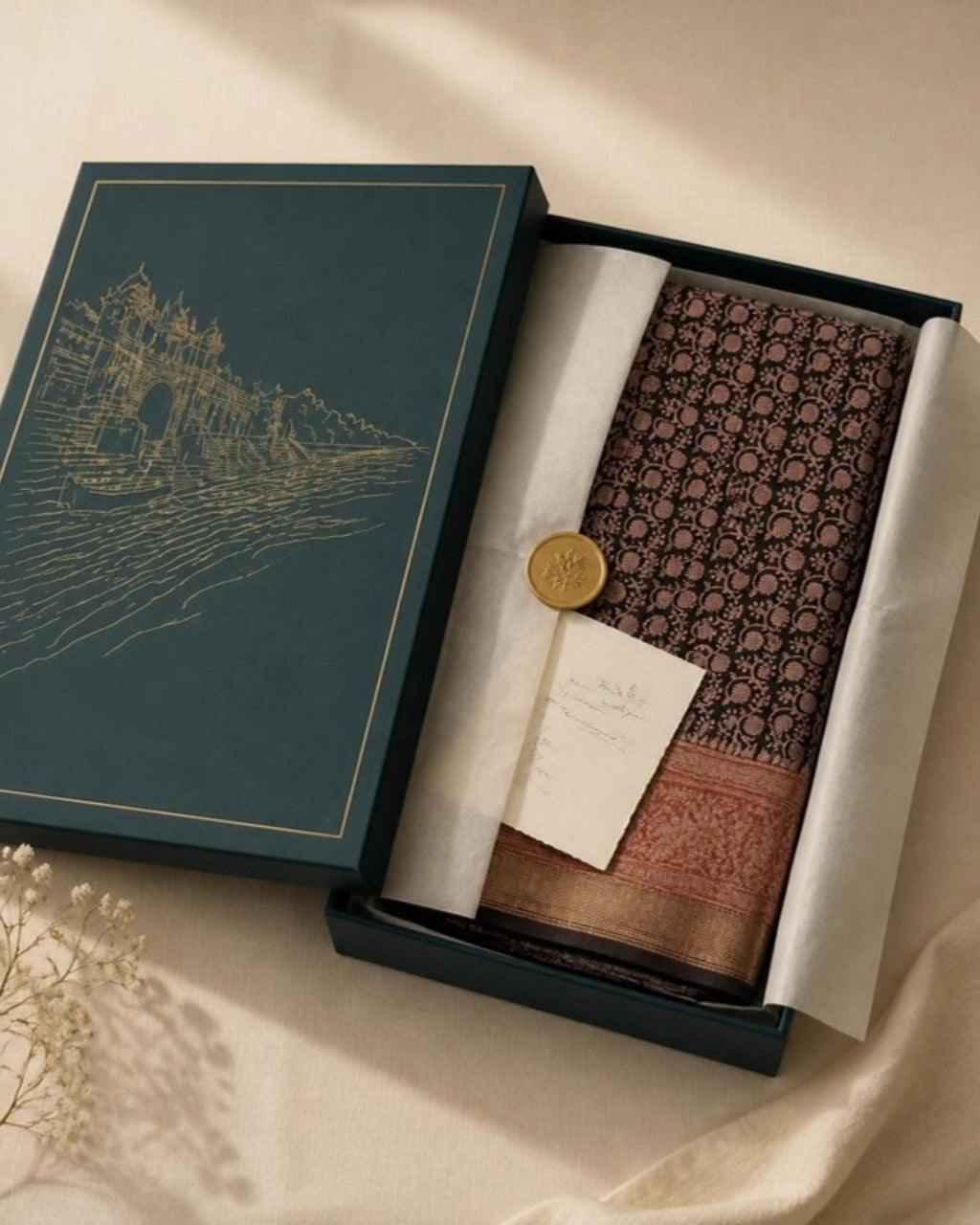 Packed in the Saptadhārā Narmada Edit box: Shyam Bagh Print Silk & Cotton Saree
